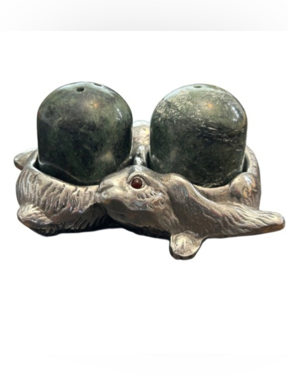Vintage Arthur Court Rabbits Salt & Pepper Shakers Marble Aluminum Red Stone Eye